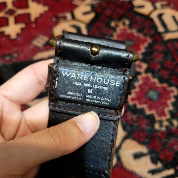 Warehouse Belt with Brass Hardware Grommets Black Leather Sz M - Picture 3 of 7